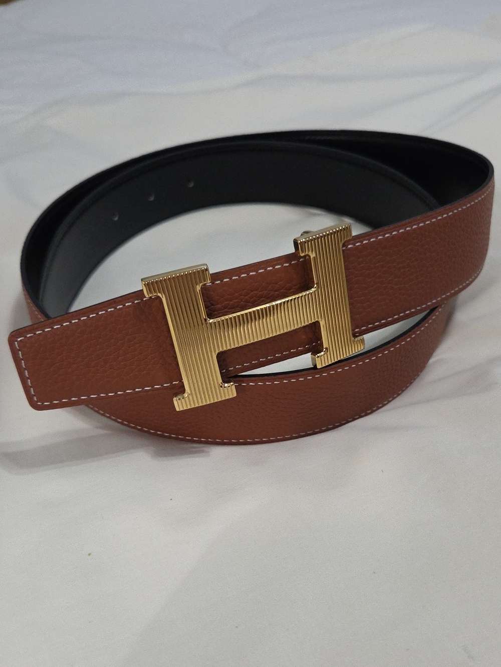 Hermes Brown Leather Men's Belt with Gold H Buckle 100cm